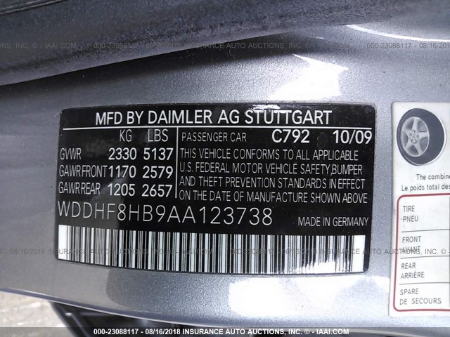 WDDHF8HB9AA123738 - 2010 MERCEDES-BENZ E 350 4MATIC GRAY photo 9