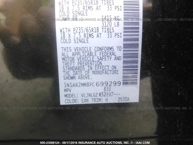 5N1AR2MM8FC699299 - 2015 NISSAN PATHFINDER S/SV/SL/PLATINUM GREEN photo 9