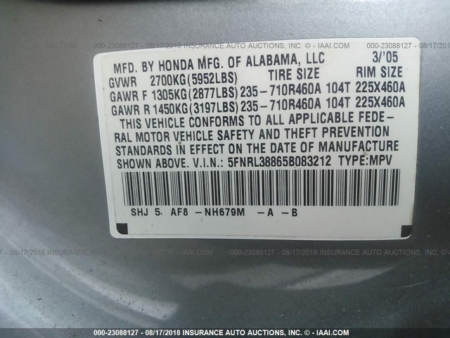 5FNRL38865B083212 - 2005 HONDA ODYSSEY TOURING GRAY photo 9