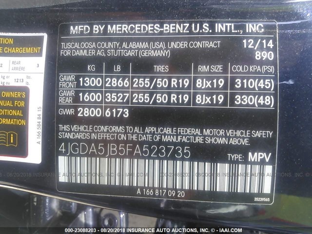 4JGDA5JB5FA523735 - 2015 MERCEDES-BENZ ML 350 Dark Blue photo 9