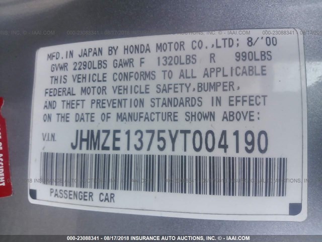 JHMZE1375YT004190 - 2000 HONDA INSIGHT SILVER photo 9