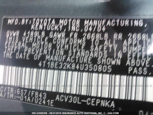 4T1BE32K84U350805 - 2004 TOYOTA CAMRY LE/XLE/SE 绿色 照片 9