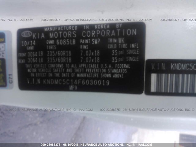 KNDMC5C14F6030019 - 2015 KIA SEDONA EX/SX WHITE photo 9