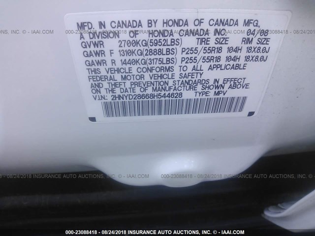 2HNYD28668H544628 - 2008 ACURA MDX TECHNOLOGY WHITE photo 9