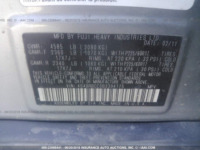 4S4BRBCC0B3394175 - 2011 SUBARU OUTBACK 2.5I PREMIUM GRAY photo 9