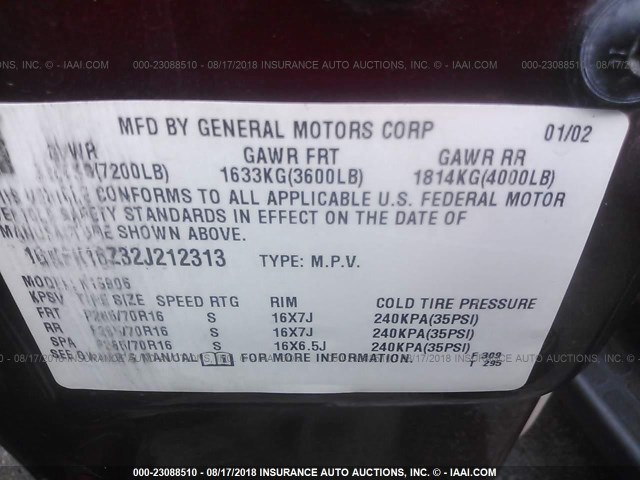 1GKFK16Z32J212313 - 2002 GMC YUKON XL K1500 MAROON photo 9