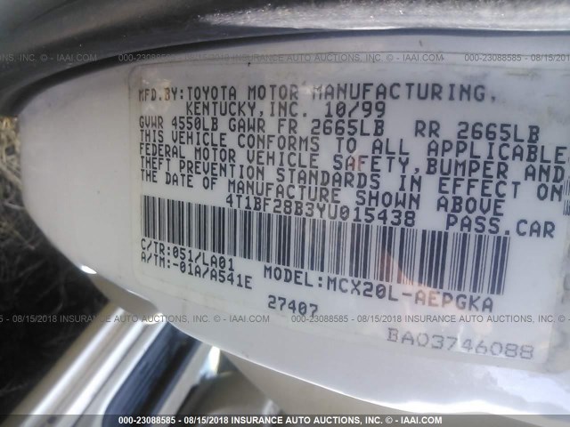 4T1BF28B3YU015438 - 2000 TOYOTA AVALON XL/XLS WHITE photo 9