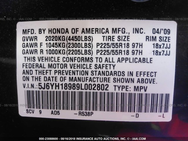 5J6YH18989L002802 - 2009 HONDA ELEMENT SC MAROON photo 9