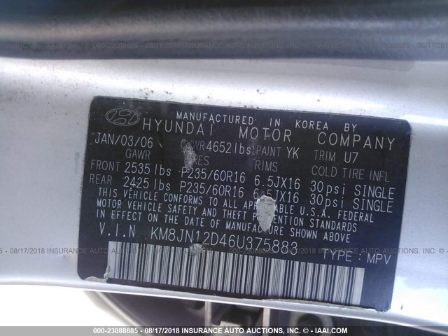 KM8JN12D46U375883 - 2006 HYUNDAI TUCSON GLS/LIMITED SILVER photo 9