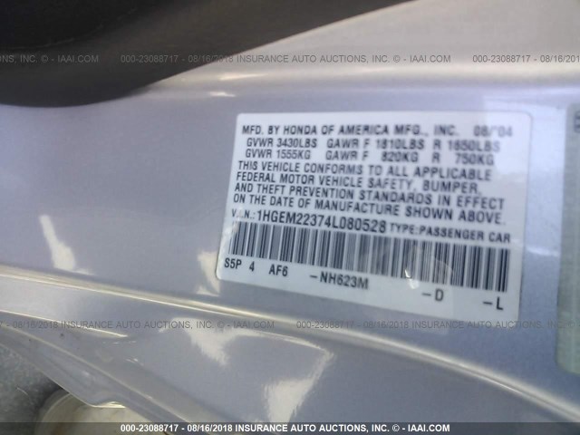 1HGEM22374L080528 - 2004 HONDA CIVIC DX VP SILVER photo 9