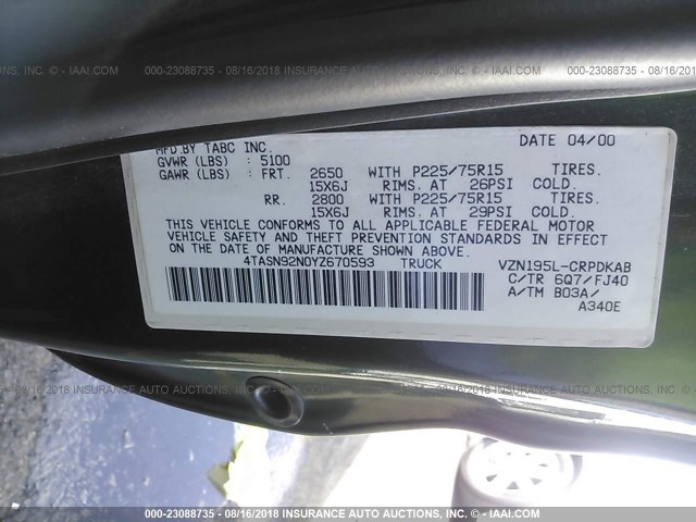 4TASN92N0YZ670593 - 2000 TOYOTA TACOMA XTRACAB PRERUNNER მწვანე ფოტო 9