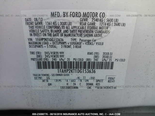 1FAHP2KT1DG153636 - 2013 FORD TAURUS SHO WHITE photo 9