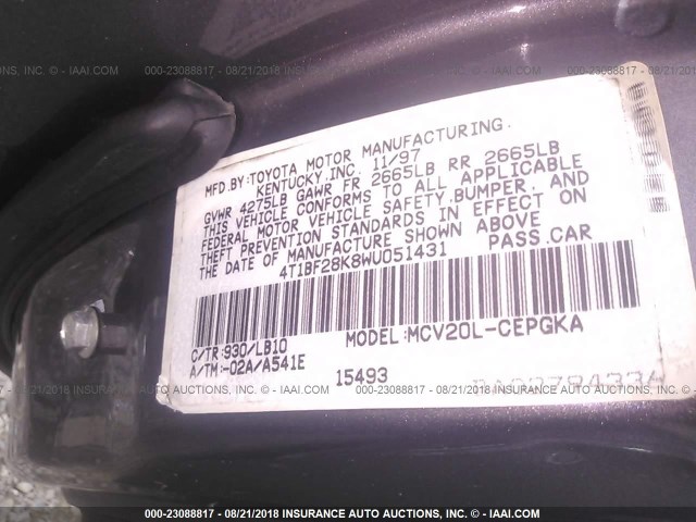 4T1BF28K8WU051431 - 1998 TOYOTA CAMRY CE/LE/XLE 灰色 照片 9