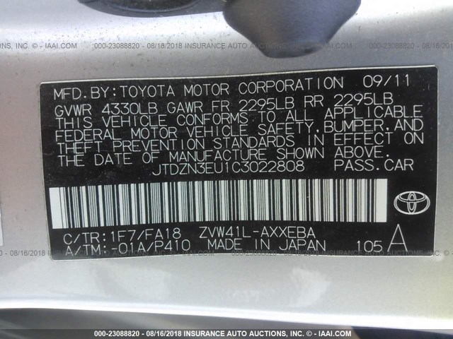 JTDZN3EU1C3022808 - 2012 TOYOTA PRIUS V SILVER photo 9