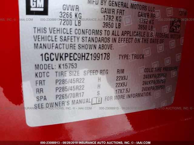 1GCVKPEC9HZ199178 - 2017 CHEVROLET SILVERADO K1500 CUSTOM RED photo 9