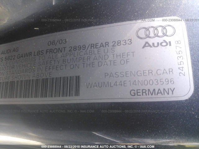 WAUML44E14N003596 - 2004 AUDI A8 L QUATTRO BLUE photo 9