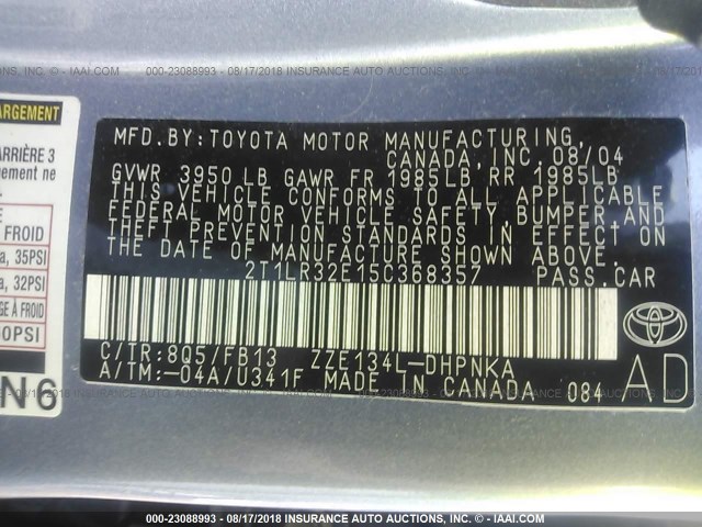 2T1LR32E15C368357 - 2005 TOYOTA COROLLA MATRIX XR BLUE photo 9