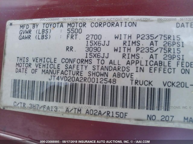 JT4VD20A2R0012548 - 1994 TOYOTA T100 DX RED photo 9