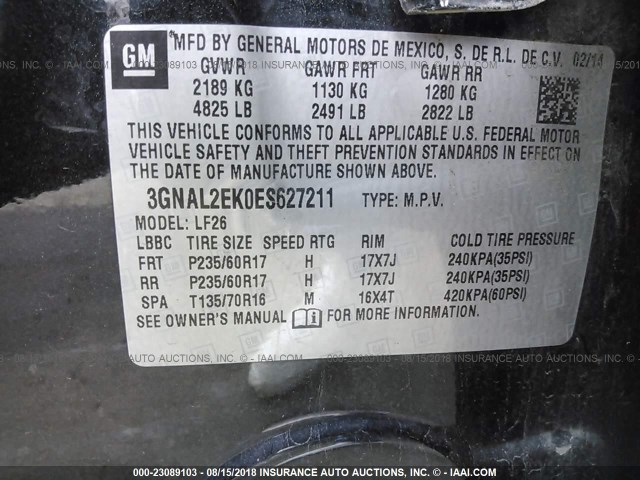 3GNAL2EK0ES627211 - 2014 CHEVROLET CAPTIVA LS 黑色 照片 9