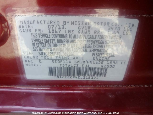 3N1CE2CP4EL362333 - 2014 NISSAN VERSA NOTE S/S PLUS/SV/SL RED photo 9