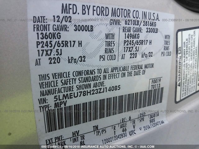 5LMEU78H23ZJ14085 - 2003 LINCOLN AVIATOR SILVER photo 9