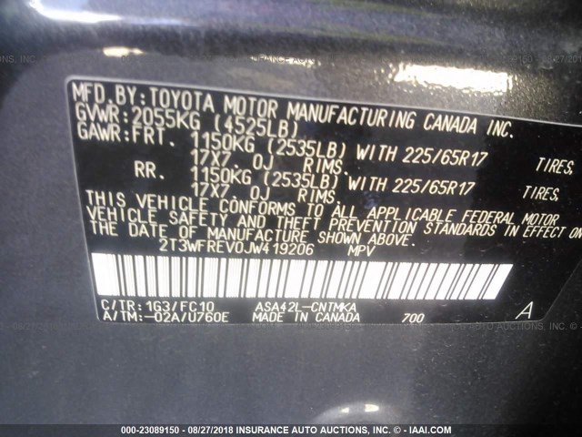 2T3WFREV0JW419206 - 2018 TOYOTA RAV4 ADVENTURE/XLE 灰色 照片 9