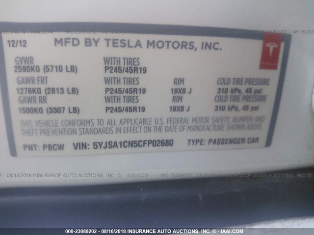 5YJSA1CN5CFP02680 - 2012 TESLA MODEL S WHITE photo 9