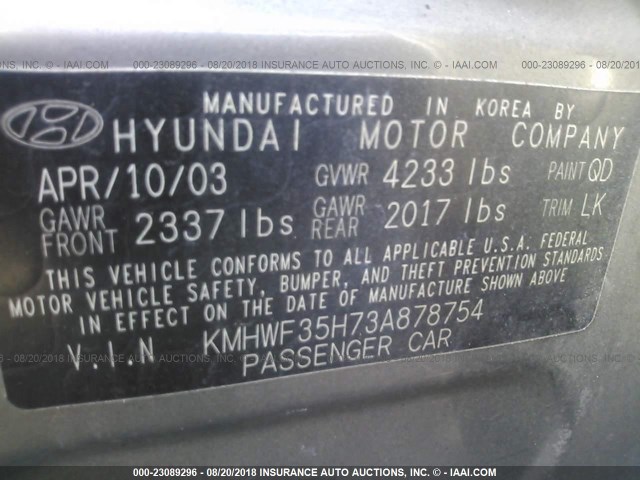 KMHWF35H73A878754 - 2003 HYUNDAI SONATA GLS/LX GRAY photo 9