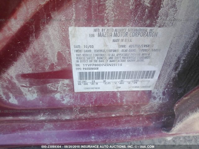 1YVFP80D745N25115 - 2004 MAZDA 6 S MAROON photo 9