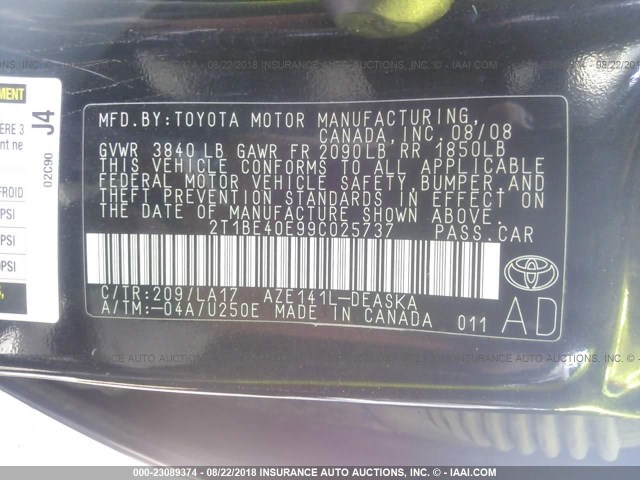 2T1BE40E99C025737 - 2009 TOYOTA COROLLA XRS BLACK photo 9