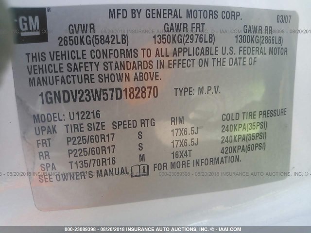1GNDV23W57D182870 - 2007 CHEVROLET UPLANDER LS WHITE photo 9