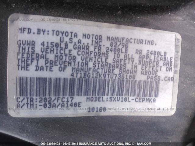 4T1BG12K9TU736100 - 1996 TOYOTA CAMRY DX/LE/XLE BLACK photo 9