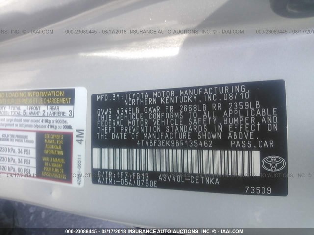 4T4BF3EK9BR135462 - 2011 TOYOTA CAMRY SE/LE/XLE ვერცხლისფერი ფოტო 9