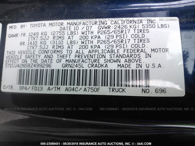 5TEUU42N58Z499296 - 2008 TOYOTA TACOMA ACCESS CAB BLUE photo 9