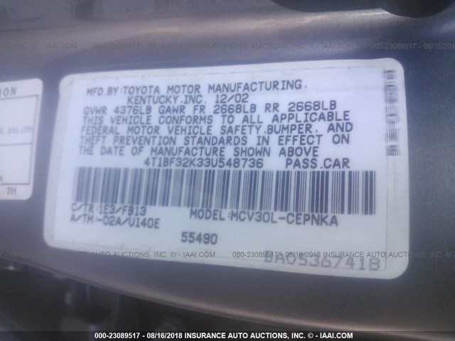 4T1BF32K33U548736 - 2003 TOYOTA CAMRY LE/XLE/SE Сұр фото 9