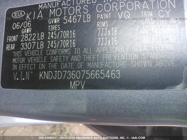 KNDJD736075665463 - 2007 KIA SORENTO EX/LX GRAY photo 9