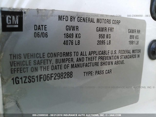 1G1ZS51F06F298288 - 2006 CHEVROLET MALIBU LS თეთრი ფოტო 9