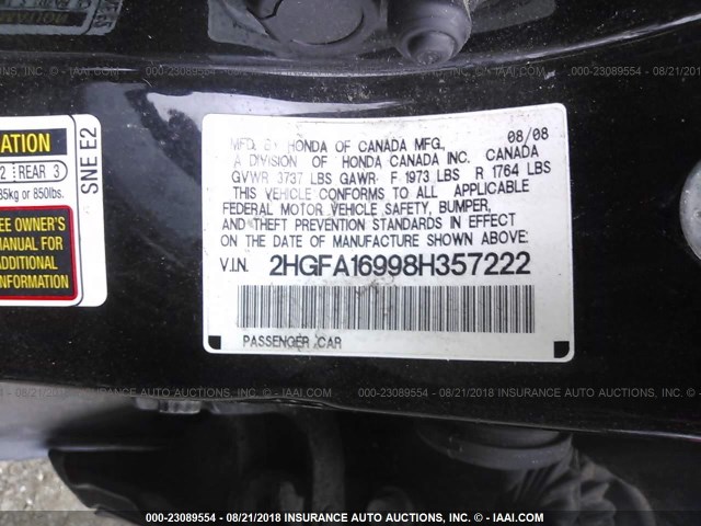2HGFA16998H357222 - 2008 HONDA CIVIC EXL Qara foto 9