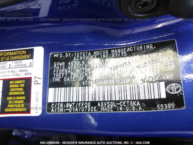 4T1BF1FK8FU916329 - 2015 TOYOTA CAMRY LE/XLE/SE/XSE 蓝色 照片 9