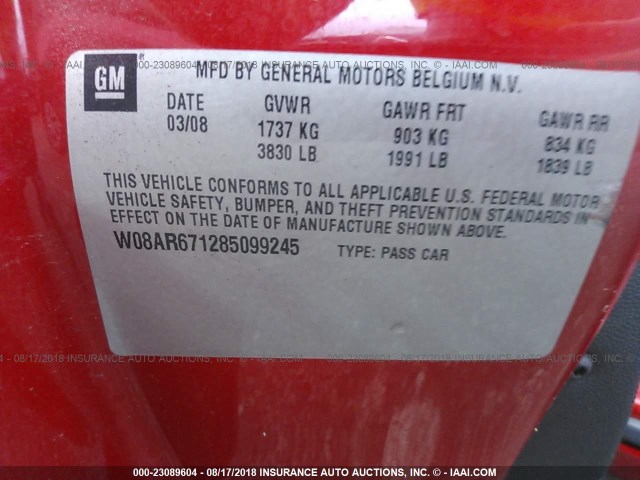 W08AR671285099245 - 2008 SATURN ASTRA XE RED photo 9