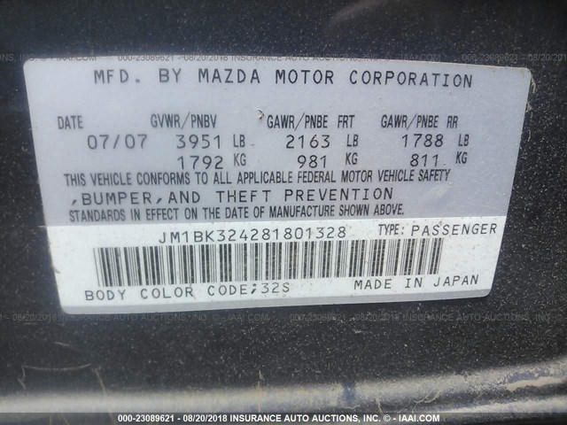 JM1BK324281801328 - 2008 MAZDA 3 S GRAY photo 9