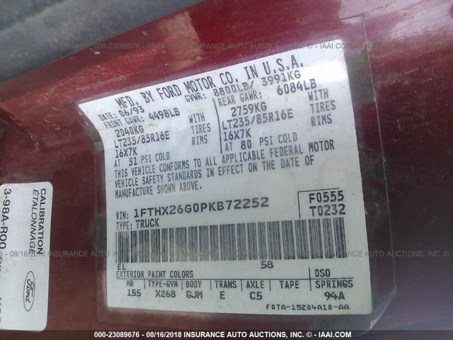 1FTHX26G0PKB72252 - 1993 FORD F250 RED photo 9