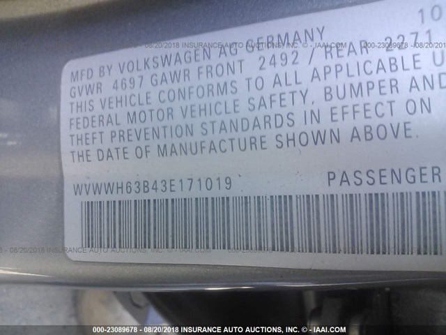 WVWWH63B43E171019 - 2003 VOLKSWAGEN PASSAT GLX GRAY photo 9