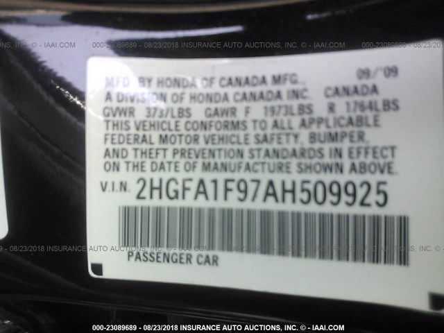 2HGFA1F97AH509925 - 2010 HONDA CIVIC EXL 黑色 照片 9