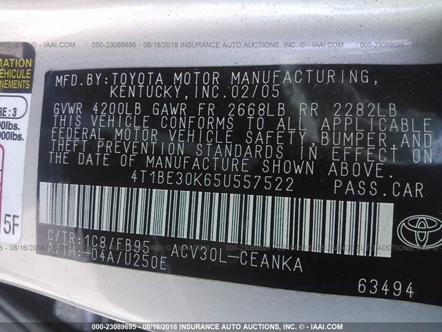 4T1BE30K65U557522 - 2005 TOYOTA CAMRY LE/XLE/SE 银色 照片 9