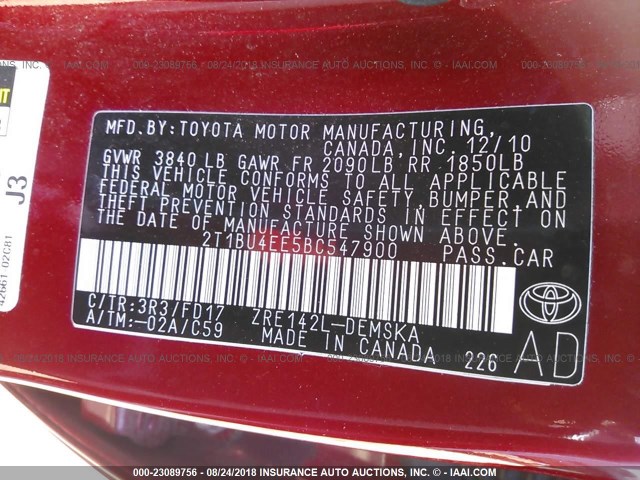 2T1BU4EE5BC547900 - 2011 TOYOTA COROLLA S/LE RED photo 9
