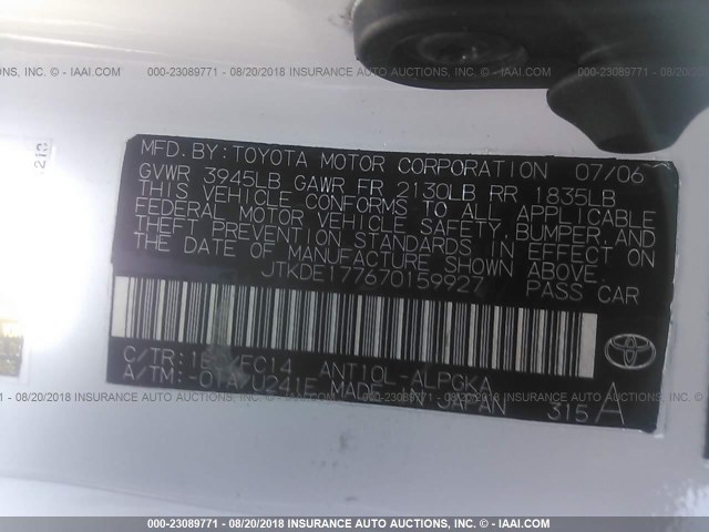 JTKDE177670159927 - 2007 TOYOTA SCION TC თეთრი ფოტო 9