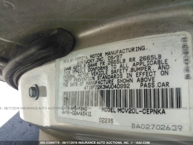 4T1BF22K3WU040992 - 1998 TOYOTA CAMRY CE/LE/XLE TAN photo 9