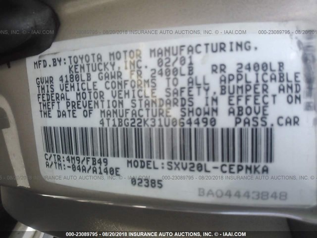 4T1BG22K31U064490 - 2001 TOYOTA CAMRY CE/LE/XLE თაფლისფერი ფოტო 9