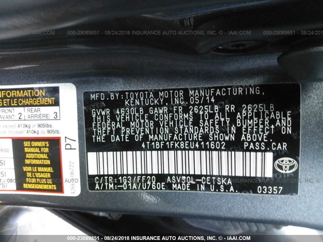 4T1BF1FK8EU411602 - 2014 TOYOTA CAMRY L/SE/LE/XLE GRAY photo 9